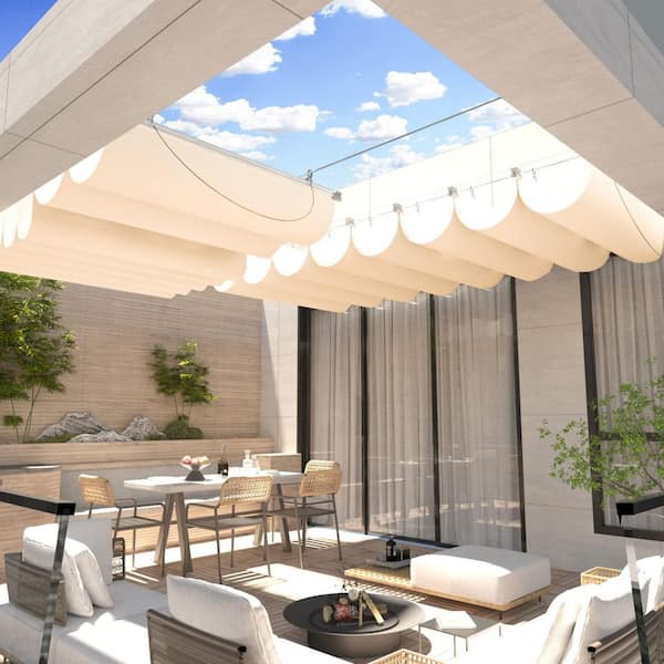 3 ft. x 12 ft. Retractable Waterproof Wave Sun Shade Canopy Pergola Cover Shade Sail Awning for Outdoor Patio, Beige