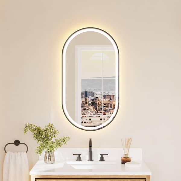 20 in. W x 36 in. H Oval Framed Wall Mount LED Bathroom Vanity Mirror with Dimmer, Defogger in Matte Black, ETL-Listed
