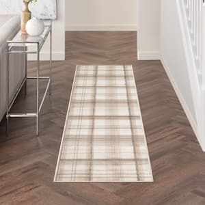 Grafix Ivory Beige 2 ft. x 6 ft. Plaid Contemporary Runner Area Rug