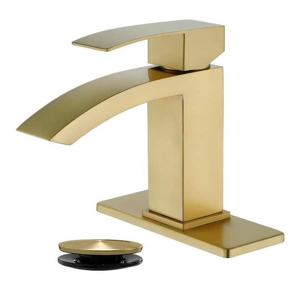 Single Handle Single Hole Bathroom Faucet with Deckplate and Drain Included, Square Bathroom Faucet in Brushed Gold
