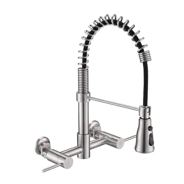 UPIKER Double Handle Wall Mounted Pull Down Sprayer Kitchen Faucet with 3 Modes in Brushed Nickel