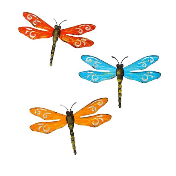 Cubilan 15.5 in. x 9.8 in. 3 Pieces Metal Dragonfly Wall Decor Sculpture Outdoor Garden Fence Art