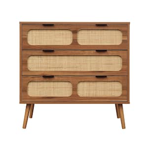 Walnut Wooden Rattan 3-Drawer Storage Cabinet Dresser/Nightstands (13.78in.D x 31.5in.W x 31.3in.H)