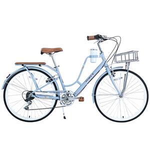 26 in. 7-Speed Aluminium Alloy Frame Ladies Bicycle with Coffee Cup Holder in Blue