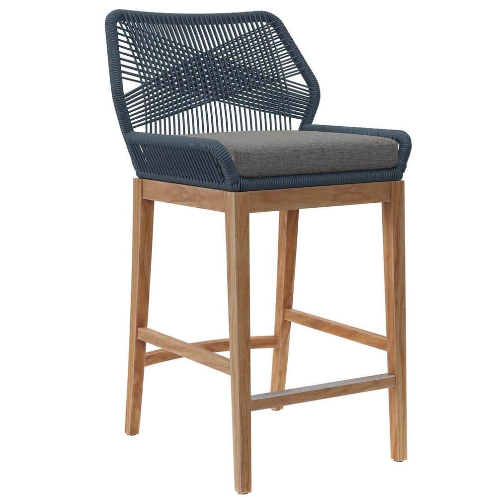 Graphite Blue Teak Wood Outdoor Bar Stool with Cushions