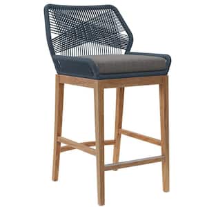 Wellspring Teak Wood Outdoor Bar Stool Patio with Cushion in Blue Graphite