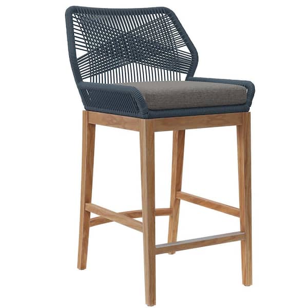 MODWAY Wellspring Teak Wood Outdoor Bar Stool Patio with Cushion in Blue Graphite