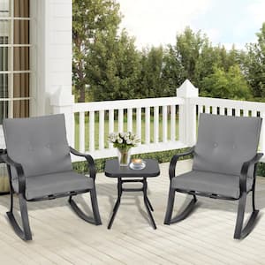3-Piece Metal Outdoor Bistro Set Rocking Chairs with Gray Cushions