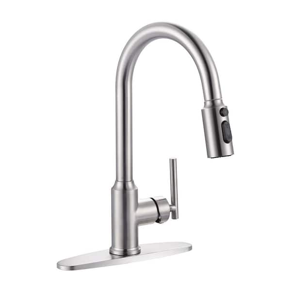 VEVETTA Modern High Arc Single Handle Pull-Down Sprayer Kitchen Faucet, Kitchen Sink Faucet with Deckplate in Brushed Nickel