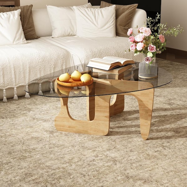 Homsee Log Color 45.3 in. Length Glass & Wood Specialty Shape Irregular Glass Design Coffee Table with High Quality Wooden Base