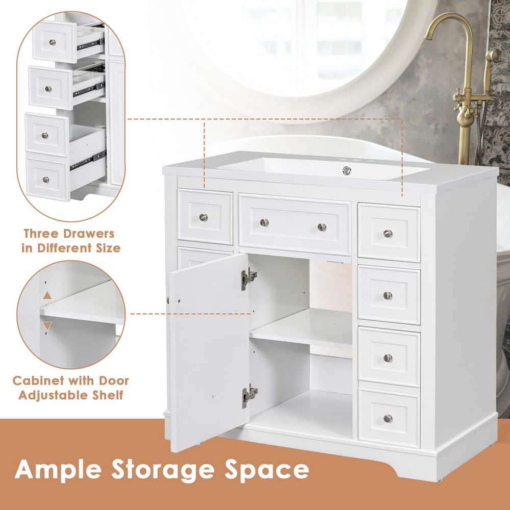 White Solid Wood and MDF Freestanding Bathroom Vanity Base with 6 Drawers