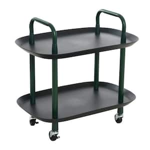 Modern Black and Dark Green Plastic and Metal 2-Tier Trolley with 4-Locking Casters