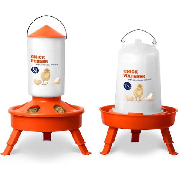 KIWDZFU Adjustable Height Chick Feeder and Waterer Kit 1.5kg Feeder 1.5L Waterer Durable Plastic Anti-Tip Design for All Ages