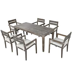 Gray 7-Piece Wood Outdoor Dining Set with Beige Cushion