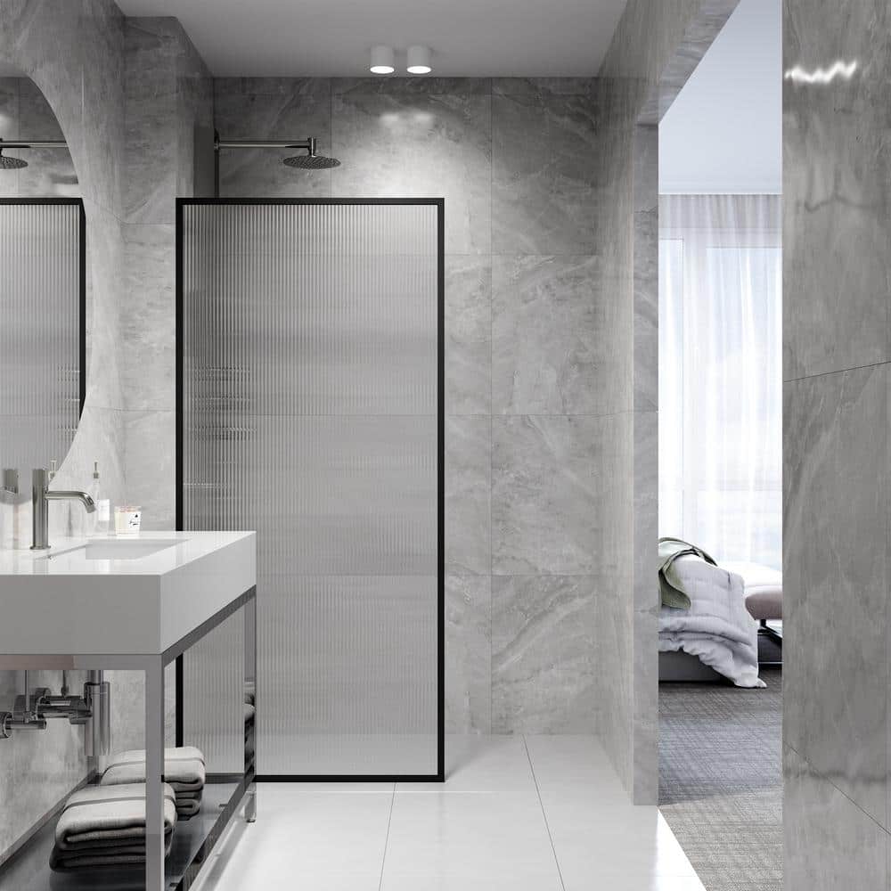 Meridian Matte Black Fluted Glass Shower Screen 34" x 74"