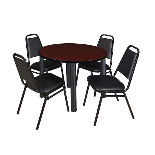 Regency Rumel 42 in. Round Mahagony and Black Wood Breakroom Table and 4 Restaurant Stack Chairs (4-Capacity)