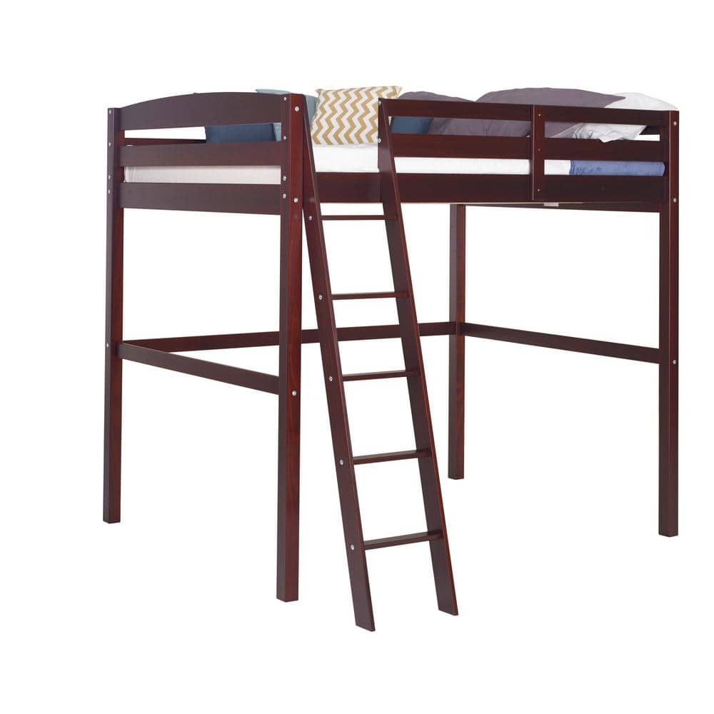 Cappuccino Twin Pine Wood Loft Bed with Ladder and Guard Rails