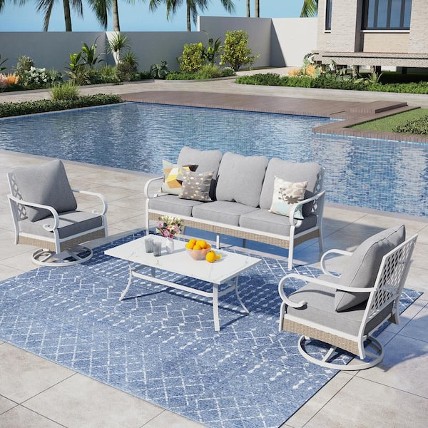 PHI VILLA Metal 4-Piece Steel Outdoor Patio Conversation Set With Swivel Chairs, Gray Cushions and Table With Marble Pattern Top