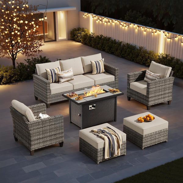 Camden Gray 7 Pieces Wicker Patio Conversation Set with 42 in. 50000 BTU Fire Pit Table, Beige Cushions and Ottomans