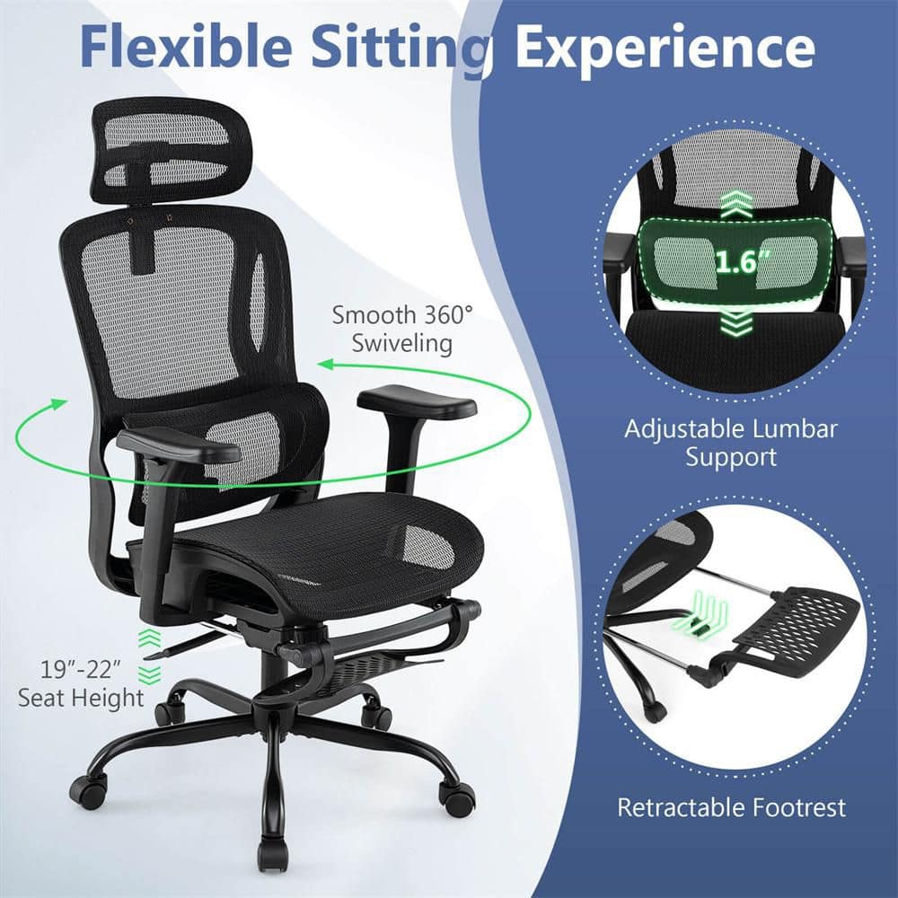 Ergonomic Office Chair with Rotating Headrest & Adjustable Lumbar Support - Thumbnail 4