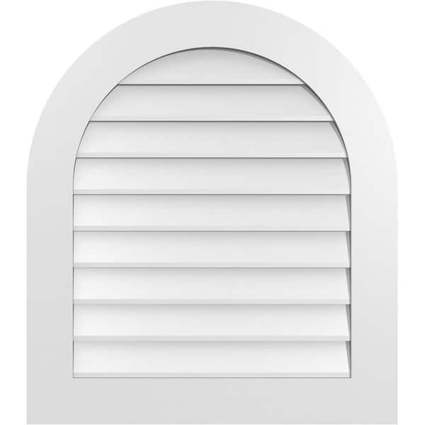 Ekena Millwork 28 in. x 32 in. Round Top White PVC Paintable Gable Louver Vent Non-Functional