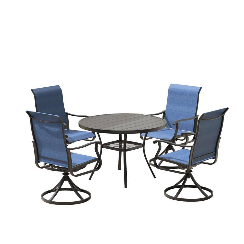5-Piece Metal Outdoor Dining Set with Storage Shelf, Walnut Tabletop, Umbrella Hole, Dark Blue Seats price history on PriceWatchPro