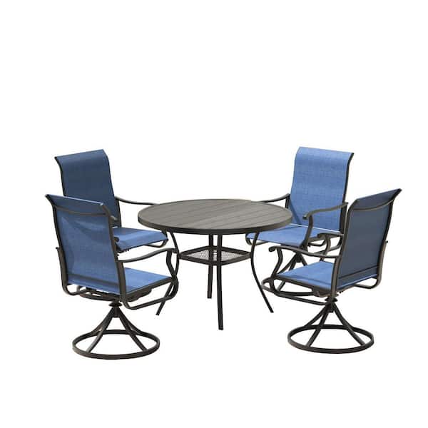 Tenleaf 5-Piece Metal Outdoor Dining Set with Storage Shelf, Walnut Tabletop, Umbrella Hole, Dark Blue Seats