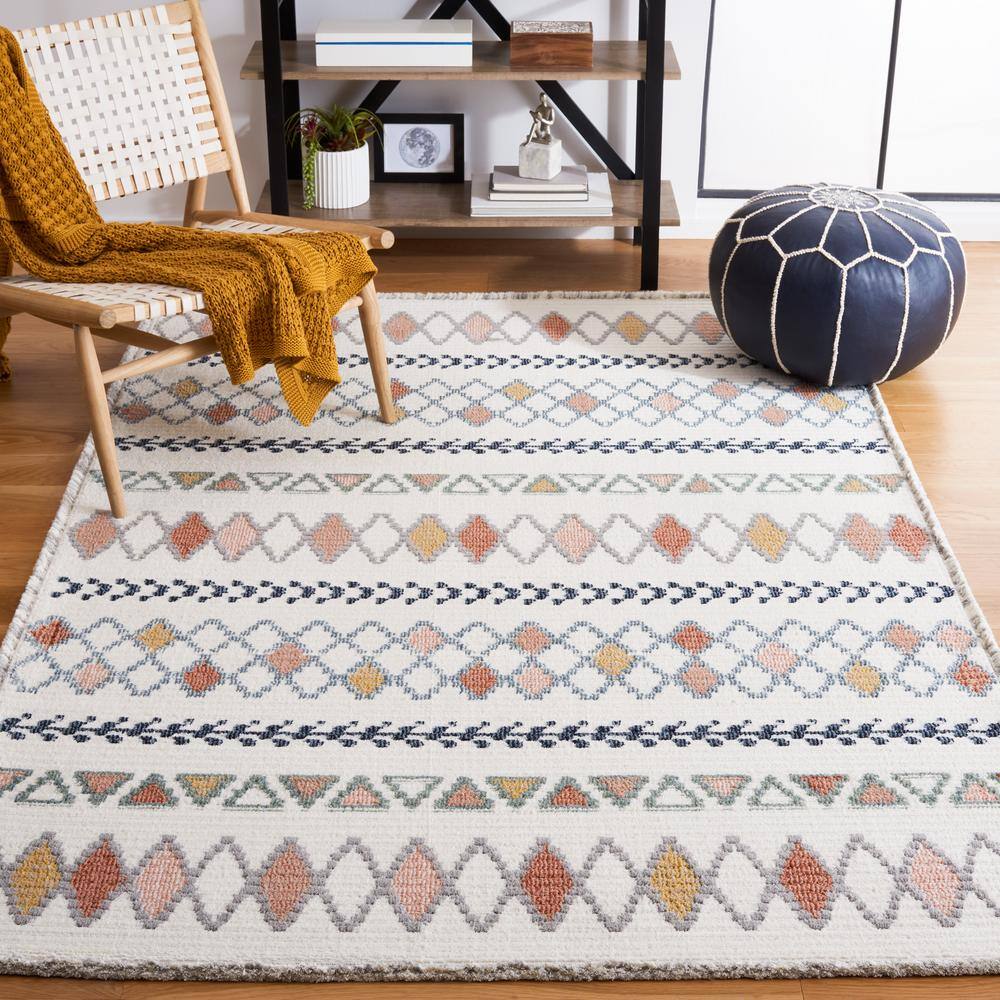 Ivory and Multicolor Geometric Wool and Synthetic 4' x 6' Area Rug