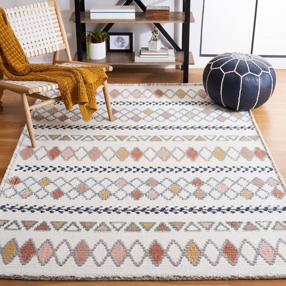 Ivory and Multi Hand-Knotted Square Wool Rug, 6'7"