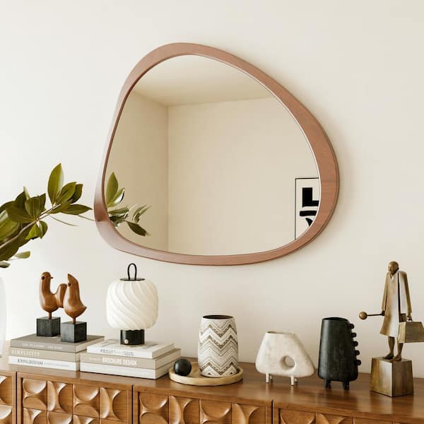 Walnut 45 in W x 39 in H Asymmetrical Solid Wood Wall Mirror for Living Room, Bedroom, Bathroom, Hallway