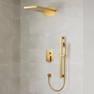 3-Spray 22 in. Wall Mount Rain and Waterfall Dual Fixed and Handheld Shower Head 2.5 GPM in Brushed Gold Valve Included