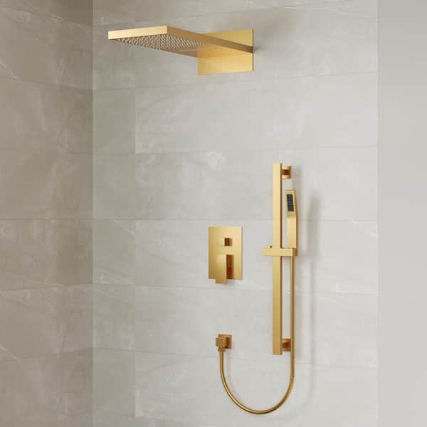 EVERSTEIN 3-Spray 22 in. Wall Mount Rain and Waterfall Dual Fixed and Handheld Shower Head 2.5 GPM in Brushed Gold Valve Included