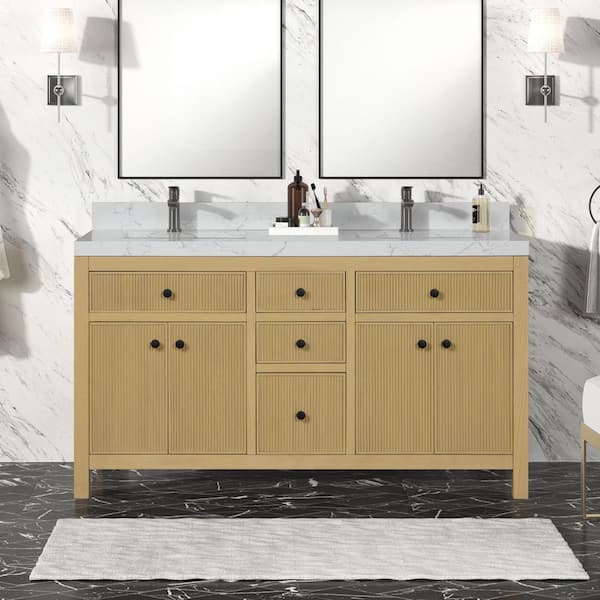 Tissa 60 in. W x 22 in. D x 35 in. H Double Sink Freestanding Bath Vanity in Classic Oak with White Quartz Top