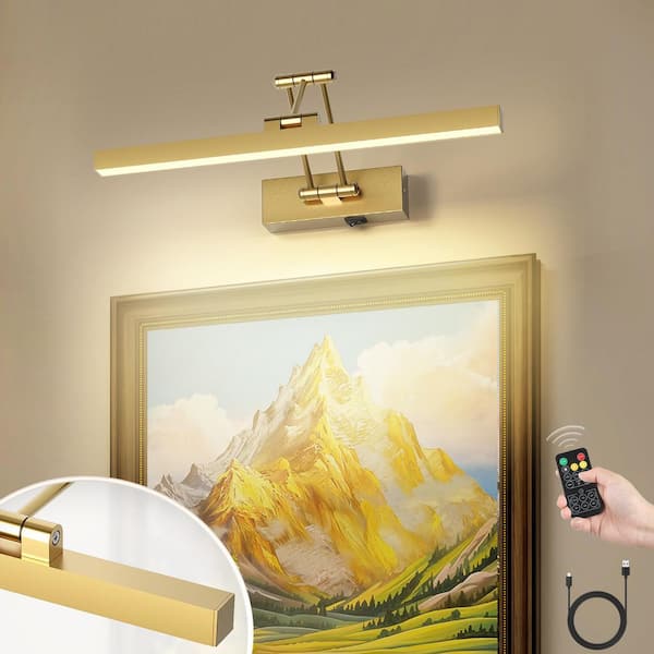 Brass 16 in. LED Picture Light with Remote Control Dimmable and Swivel