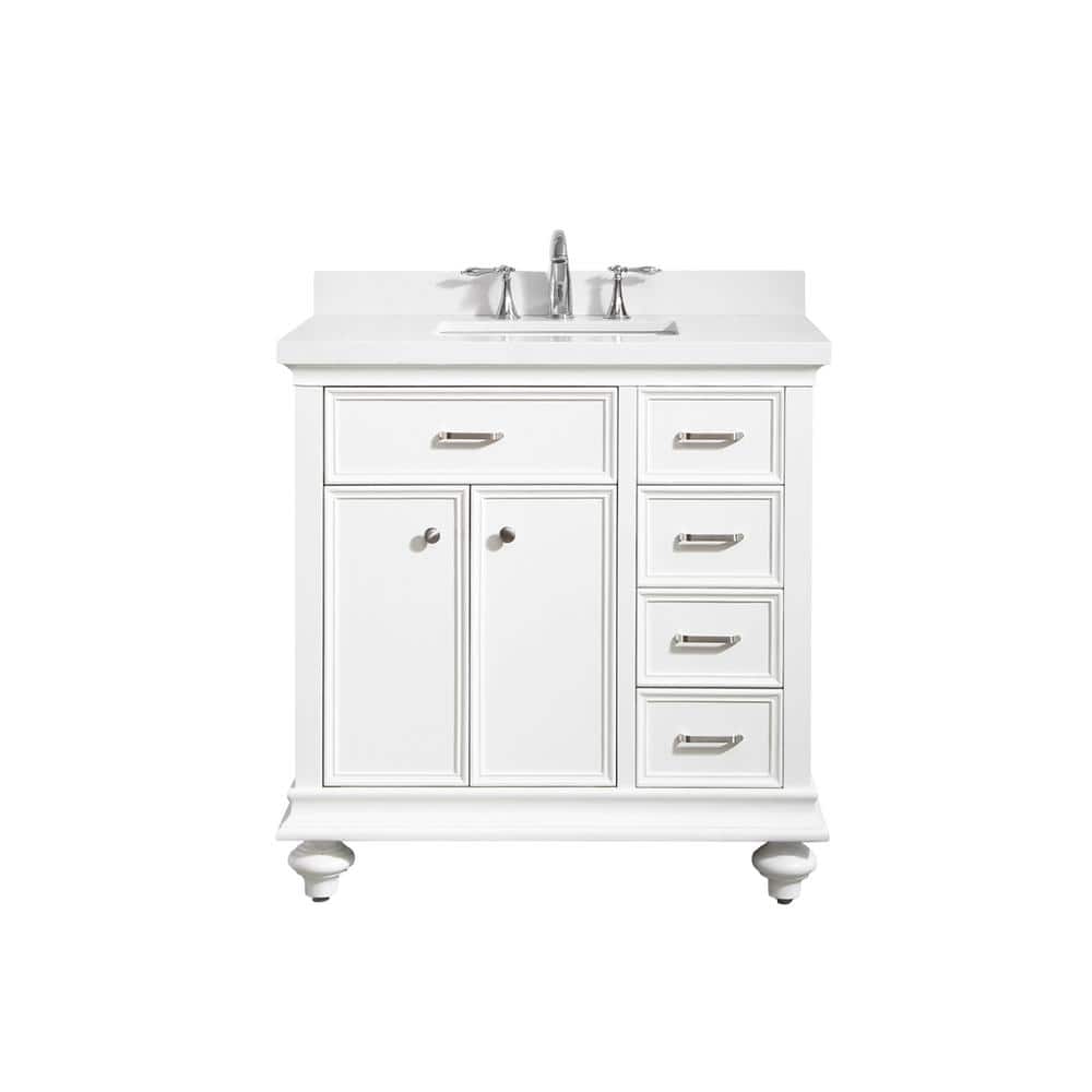 and White Ceramic Farmhouse Apron Sink Quartz/White : Includes a White Quartz Countertop White Cabinet with Soft Close Drawers Charlotte 36-inch Bathroom Vanity