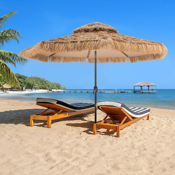 10 ft. Solar Lighted Thatched Tiki Patio Umbrella Beach (2-Tier) Hawaiian in Brown