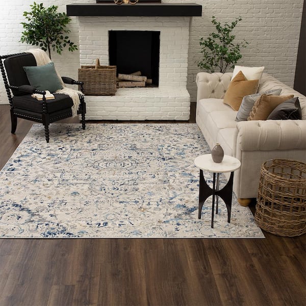 Braswell White/Dark Blue 7 ft. 10 in. x 10 ft. Medallion Indoor Area Rug