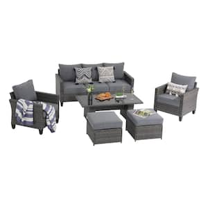 OC Orange-Casual 6-Piece Wicker Outdoor Conversation Set with Grey Cushions, Ottoman