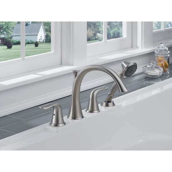 Lahara 2-Handle Deck-Mount Roman Tub Faucet with Hand Shower Trim Kit Only in Stainless (Valve Not Included)