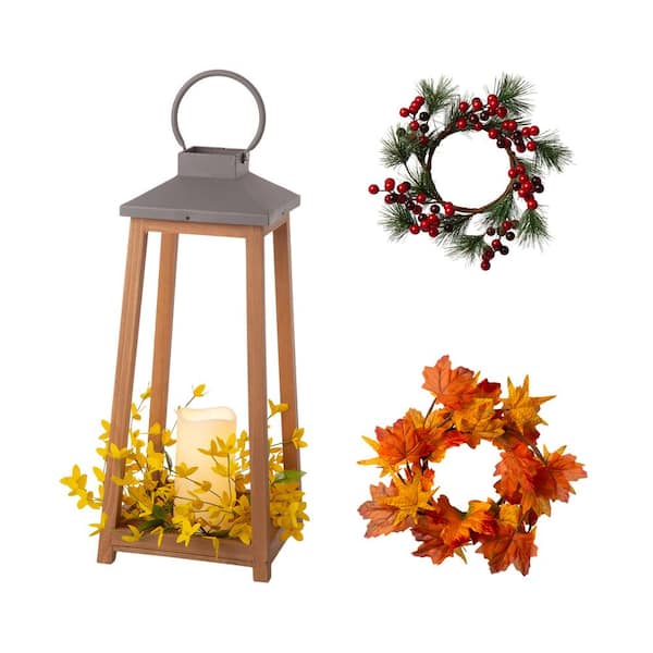 Glitzhome 19.29 in. H Wooden/Metal Led Pillar Lantern with 3 Changeable Candle Rings Spring/Fall/Christmas