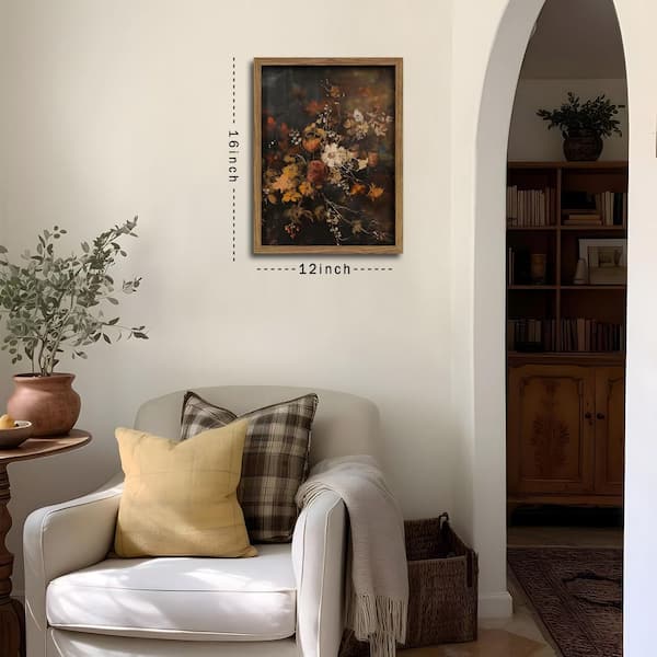 Wood Framed Vintage Floral Wall Art in Dark Moody Flower Wall