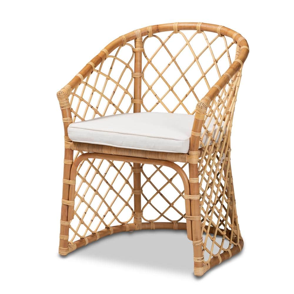 Serene Bohemian White Fabric and Natural Rattan Dining Chair