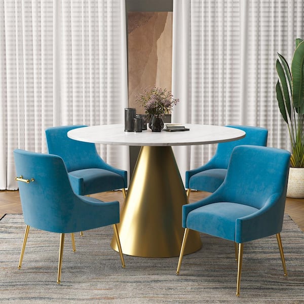 Boyel Living 5-Piece Round Stainless Steel White and Gold Marble Top Table Set Seats 4 (4 Light Blue Dining Chairs）