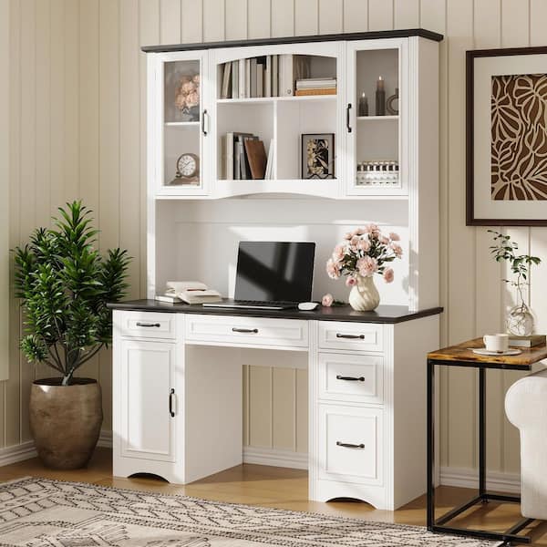57.9 in. W Rectangle White & Black Wood 5-Drawer Computer Desk, Writing Desk, Vanity Table with 8-Shelf & Desktop Socket