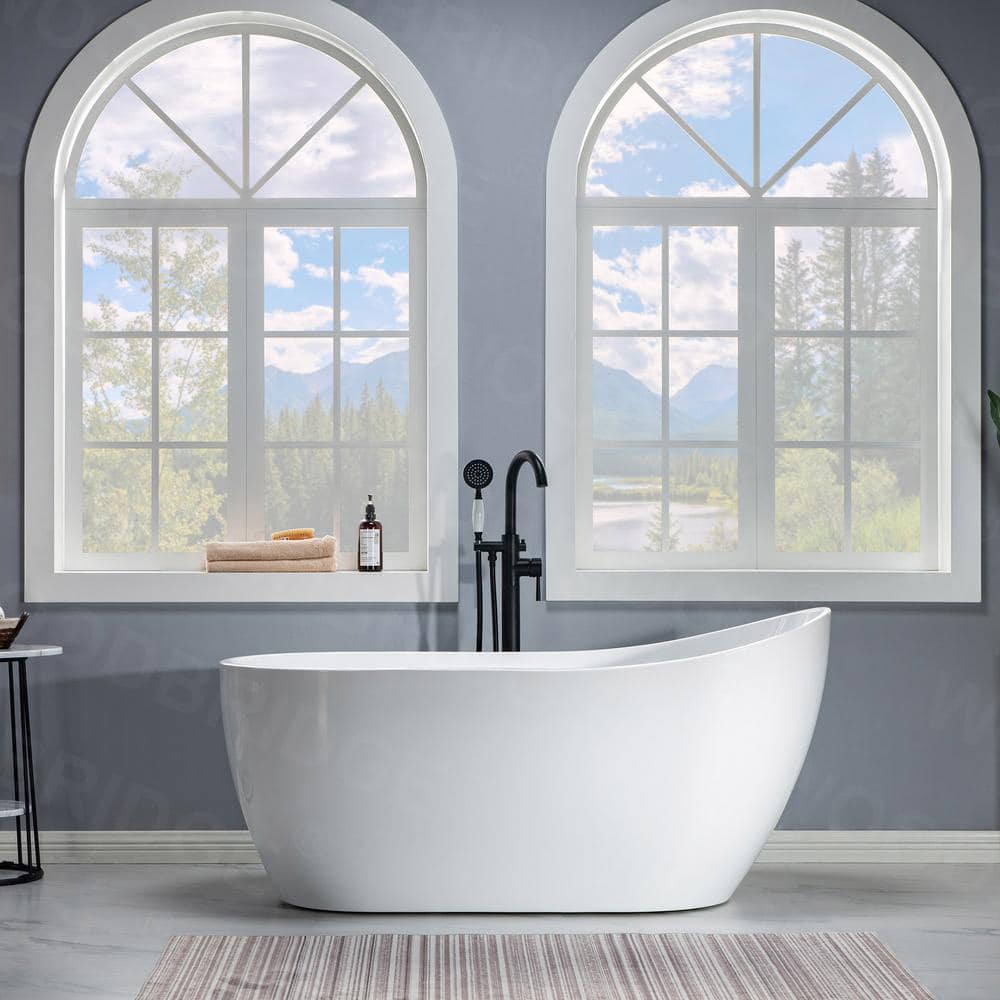59" White Acrylic Freestanding Single Slipper Bathtub with Brushed Nickel Trim