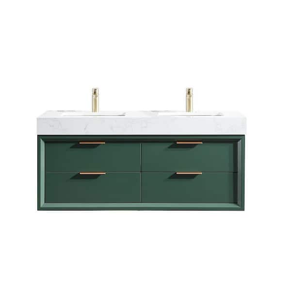 48 in. W x 20.8 in. D x 21.3 in. H Wall Mounted Floating Wood Bath Vanity Cabinet in Green with White Stone Resin Top