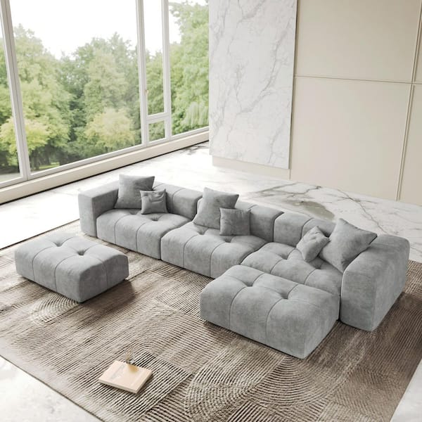 144 in. Oversized Square Arm Linen U Shaped Modular Sectional Sofa 3-Seater with 2-Ottomans in. Gray