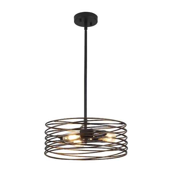 LWYTJO 3-Light Drum Black Cage Chandelier Modern Industrial Pendant Light Farmhouse Metal Hanging Light Fixture