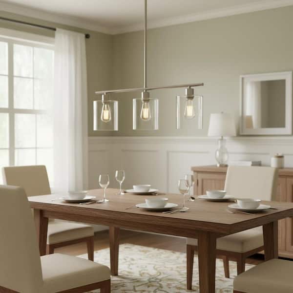 3-Light Brushed Nickel Pendant Light with Clear Glass Shades, DIY Linear Chandelier for Kitchen Island or Dining Room