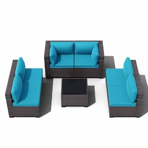 7-Piece Wicker Outdoor Patio Furniture Sectional Set with Blue Cushions and Coffee Table